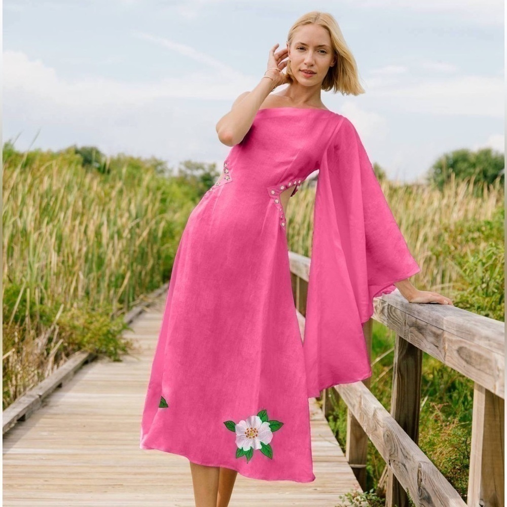 Fanm Mon Amarya One-Shoulder Bell Sleeve Side Cut Out Floral Embroidered Dress